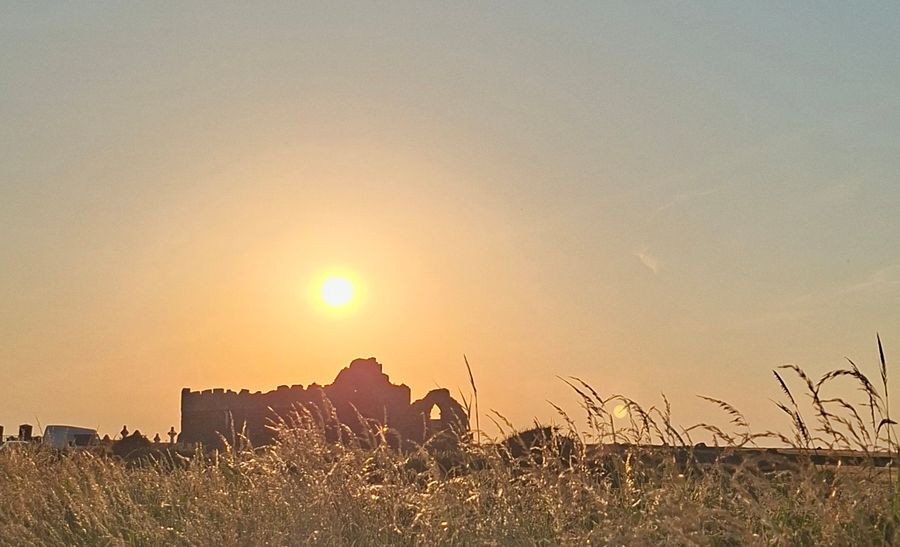 The sun setting behind a ruined stone church, seen through tall summer grasses.